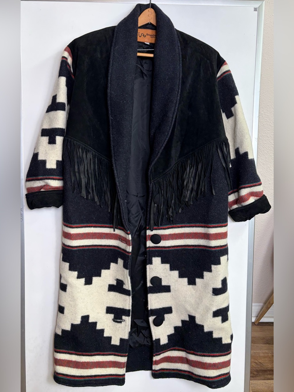 Vintage Branded Santa Fe Wool Southwestern Blanket Duster Coat Black Suede M - Picture 2 of 9